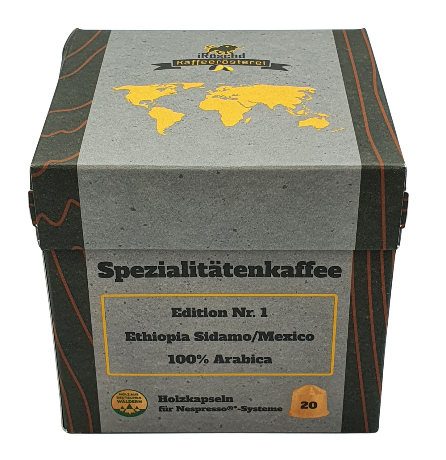 Die Edition Nr. 1 des Spezialitätenkaffees in Holzkapseln. 20 Holzkapseln für Nespressomaschinen. Mit 100% nachhaltigen Materialien. Kaffee aus Ethiopien Sidamo und Mexico. 100% Arabica Kaffee.
