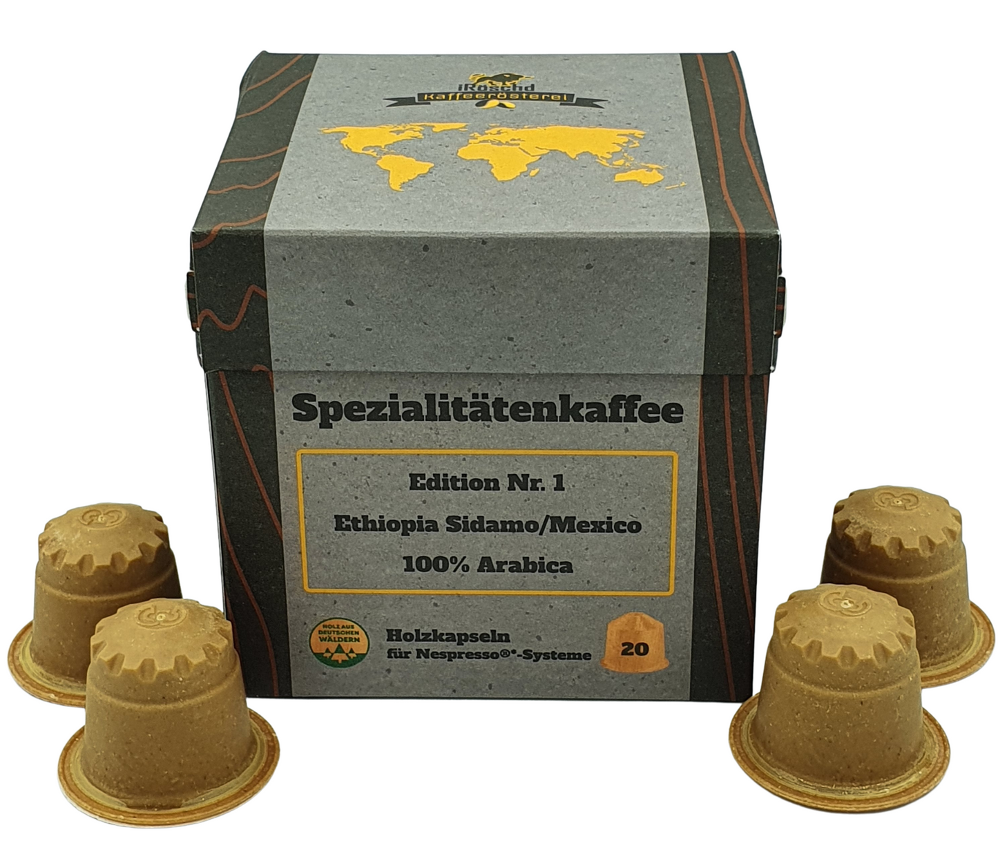 Die Edition Nr. 1 des Spezialitätenkaffees in Holzkapseln. 20 Holzkapseln für Nespressomaschinen. Mit 100% nachhaltigen Materialien. Kaffee aus Ethiopien Sidamo und Mexico. 100% Arabica Kaffee.